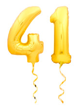 Golden Number Forty One 41 Made Of Inflatable Balloon With Ribbon On White