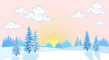 Winter landscape with fir trees on the plain background of the sun