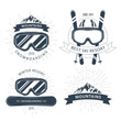 Ski resort emblem and lebels with goggles, mountains - winter sports