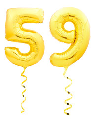 Golden number fifty nine 59 made of inflatable balloon with ribbon on white