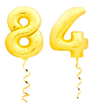 Golden Number Eighty Four 84 Made Of Inflatable Balloon With Ribbon On White