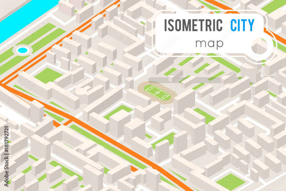 Isometric City street road map urban place landmark town 3d flat design ...