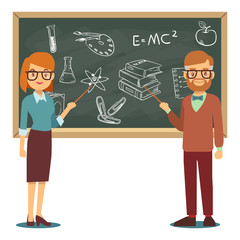 Sticker - Male and female teachers standing in front of blank school blackboard vector illustration