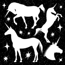 White Unicorn Silhouettes Set With Stars On Black Backdrop