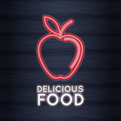 Poster - Apple delicious food neon lights icon vector illustration graphic design