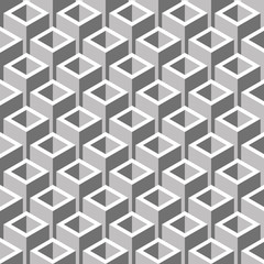 Poster - Abstract vector seamless pattern with 3D cubes on simple background. Illustration of gray solid figures. Color image with geometric squares. Hipster filing. Beautiful composition. Cute print.