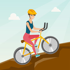 Canvas Print - Young happy caucasian white traveler woman in helmet riding a mountain bike in the mountains. Vector cartoon illustration. Square layout.