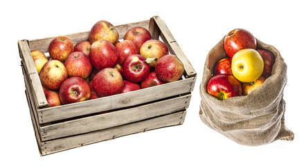 Wall Mural - apples in a wooden box and in a sack