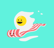 Smiling Breakfast. Two Fried Eggs And Bacon. Funny Cartoon Vector Icon. Cute Stylish Characters