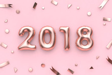 Pink Metallic-rose Gold Balloon 2018 Text-type -letter And Ribbon New Year Concept Decoration Minimal Pink Background 3d Rendering