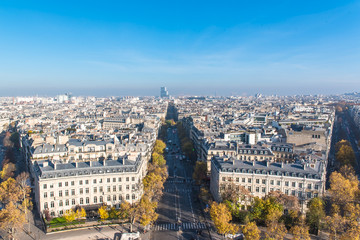 paris, panorama from arc de triomphe, buildings, avenues and monuments, and the new court house in b