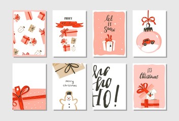 hand drawn vector abstract big merry christmas time and new year cartoon cards collection set with c