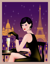 Sitting Girl On A Background Of Paris At Night. Handmade Drawing Vector Illustration. Vintage Style.