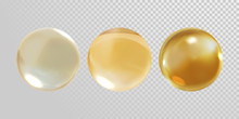 Gold Glass Ball Isolated On Transparent Background. 3D Realistic Vector Golden Oil Vitamin E Pill Capsule Crystal Glass Ball Texture