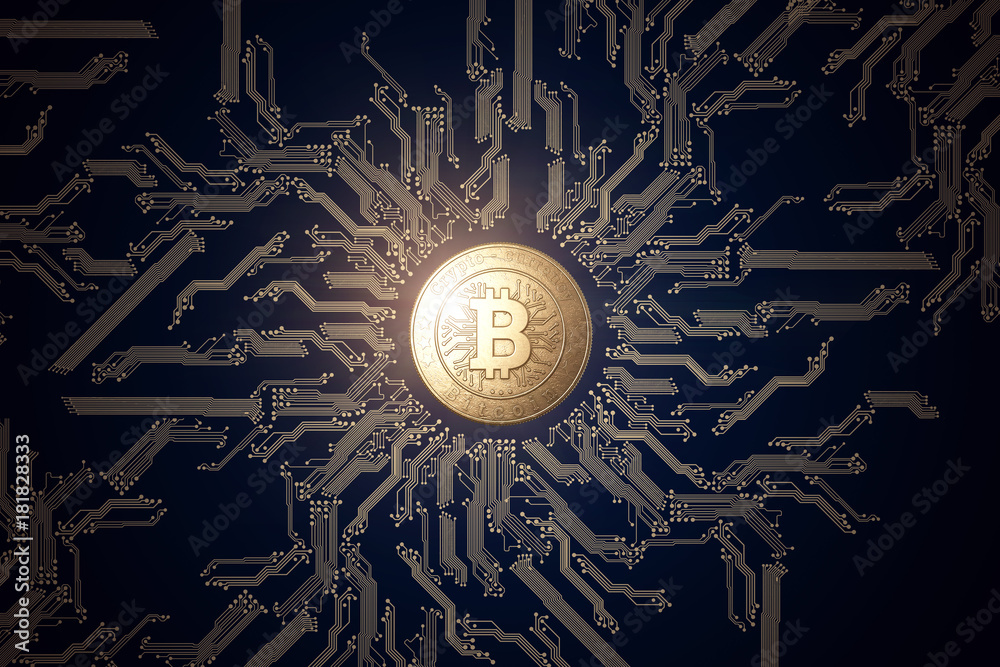 Gold coin Bitcoin on a black background. The concept of crypto currency. blockchain technology.