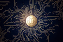 Gold Coin Bitcoin On A Black Background. The Concept Of Crypto Currency. Blockchain Technology.