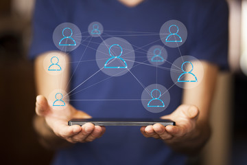 man hand tablet with network