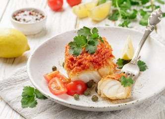 Wall Mural - White fish (cod, Pollock, nototenia, hake), braised with onions, carrots and tomatoes. Vegetable marinade. Delicious hot or cold snacks for foodies. Selective focus