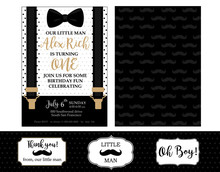 Little Man Birthday Party ( Baby Shower Party) Invitation Card.  Vector Bow Tie And Suspenders. Black, White And Gold - Classic Patterns With Mustache. Design For Real Man! Father Day's Template