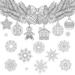 Christmas coloring page with holiday ornaments, fir tree, jingle bells and vintage snowflakes. Freehand sketch drawing for 2018 Happy New Year greeting card or adult antistress coloring book.