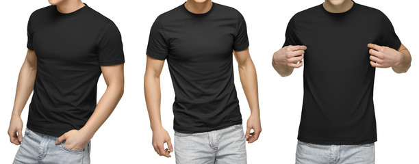 young male in blank black t-shirt, front and back view, isolated white background. design men tshirt