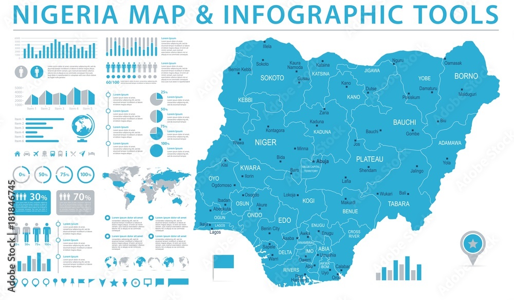 Nigeria Map - Info Graphic Vector Illustration - obrazy, fototapety, plakaty 