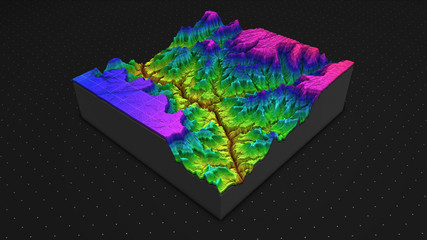 3d render of geology, soil slice, mountains isolated on dark background. cross section topology of g