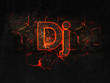 Dj Fire text flame burning hot lava explosion background.