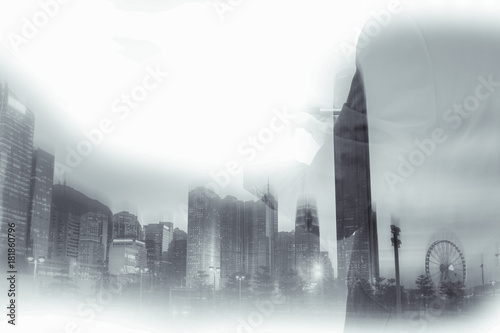 Double exposure of businessman and Hong Kong city view Poster