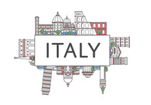 Travel Italy Poster With National Architectural Attractions In Trendy Linear Style. Italian Famous Landmarks And Traditional Symbols On White Background. Global Tourism And Journey Vector Concept.