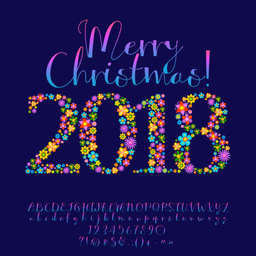 Vector fantasy flower greeting card Merry Christmas 2018. Mysterious calligraphic Alphabet letters, Numbers and Punctuation Symbols.