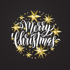 Merry Christmas golden decoration, hand drawn calligraphy font for invitation or greeting card on white background. Vector Christmas or New Year winter holiday gold star and snowflake shiny decoration