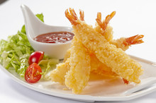 Tempura Jumbo Shrimps With Salad And Salsa Dip On White Plate And White Background