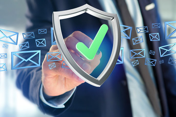 Poster - Shield symbol displayed on a futuristic interface - 3d rendering