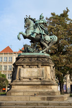 Statue Of King John III Sobieski At The Main Town (Old Town) In Gdansk, Poland, On A Sunny Day In The Autumn.