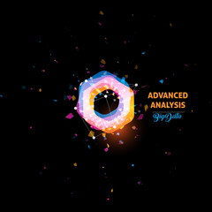 Aufkleber - Advanced analysis, big data logo, light bulb abstract vector icon. Isolated orange and blue color polygons shape, stylized lamp with text. Digital innovation technology vector illustration.