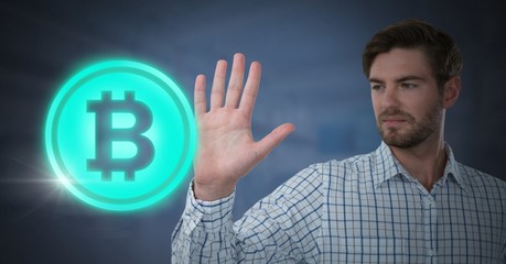 Poster - Businessman touching bitcoin graphic icon