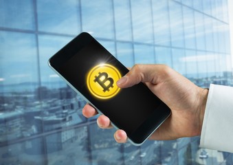 Poster - Bitcoin icon and hand holding phone