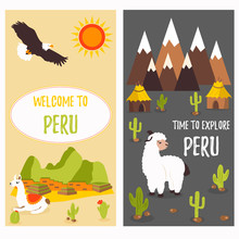 Concept Posters Of Peru With Cute Lamas And Tourist Destinations