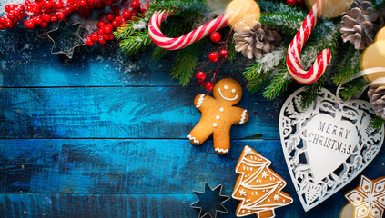 Wall Mural - christmas holidays ornament flat lay; christmas card background