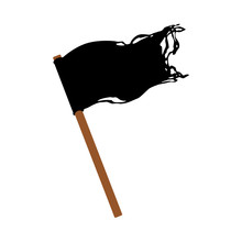 Vector Flat Ragged Black Flag On Wooden Flagpole Icon .isolated Illustration On A White Background. Jolly Roger Flag, Pirates Adventure , Treasure Risk And Death Symbol