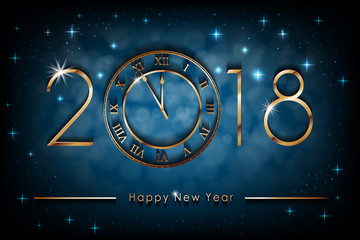 Happy New 2018 Year illustration on blue shiny background. Greetings New Year banner with gold clock. Colorful Winter Background. Vector