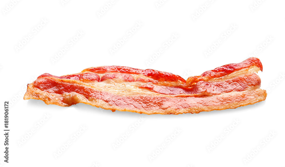 Cooked bacon rasher on white background