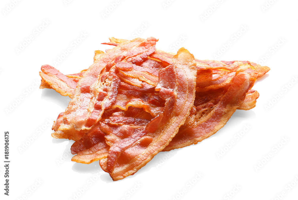 Cooked bacon rashers on white background