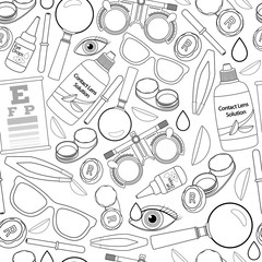 Wall Mural - Seamless pattern of medical optometry accessory for correct vision - contact lens,  solution, lens case eye test chart, glasses. Vector