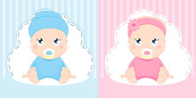 Cute Baby Girl And Boy Card's Design. Pretty Sitting Kids Cartoon Character Vector Illustration.