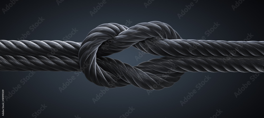Kreuzknoten mit dunklem Seil vor dunklem Hintergrund - obrazy, fototapety, plakaty 