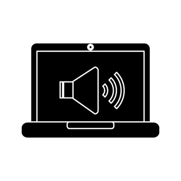 laptop computer with speaker on screen  icon image vector illustration design  black and white