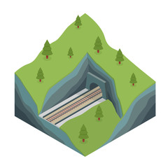 Isometric train tunnel in the rock.