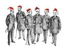 Christmas Retro Party. Celebrating New Year. Group Of People In Red Santa's Hat Vintage Hand Drawn Gentleman Set. Men's Clothing. Retro Illustration In Ancient Engraving Style